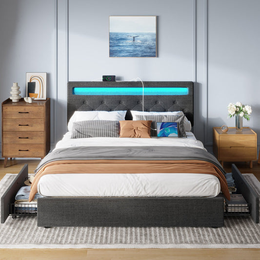 Twin Size Storage Bed with LED lights and USB Power Strips